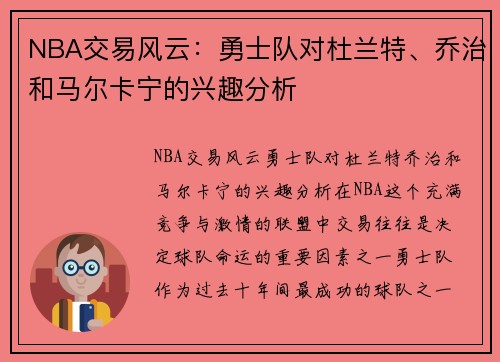NBA交易风云：勇士队对杜兰特、乔治和马尔卡宁的兴趣分析