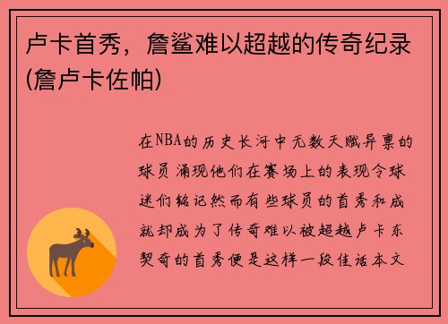 卢卡首秀，詹鲨难以超越的传奇纪录(詹卢卡佐帕)