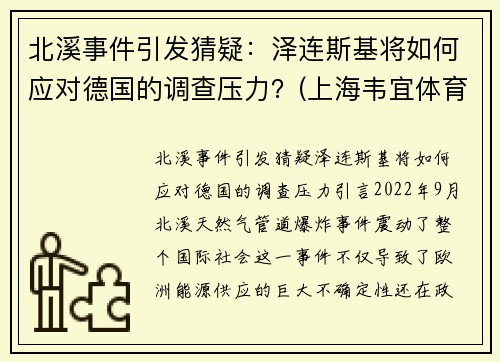 北溪事件引发猜疑：泽连斯基将如何应对德国的调查压力？(上海韦宜体育怎么样)