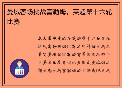 曼城客场挑战富勒姆，英超第十六轮比赛